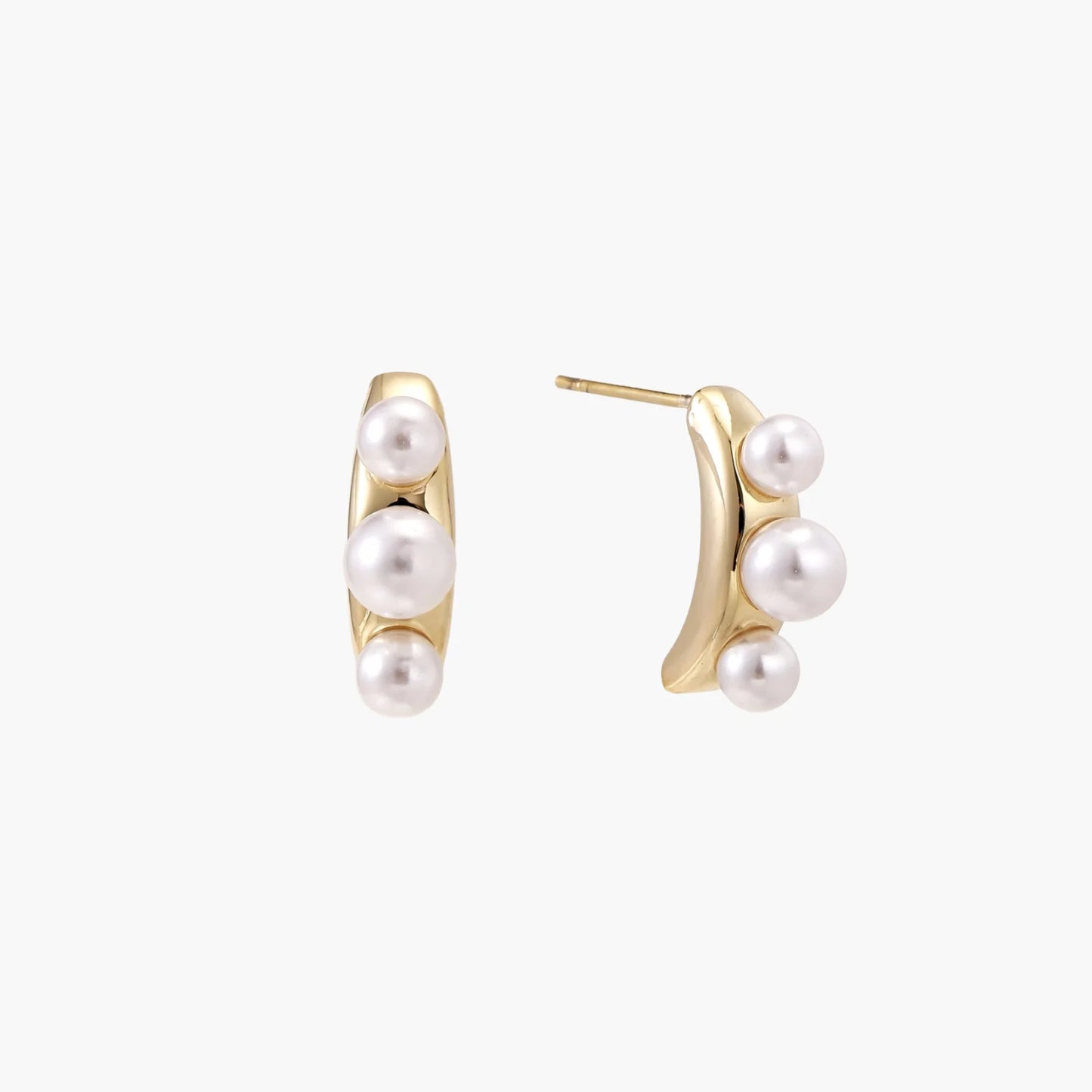 14K gold-plated curved stud earrings with three white freshwater pearls aligned vertically on cream background
