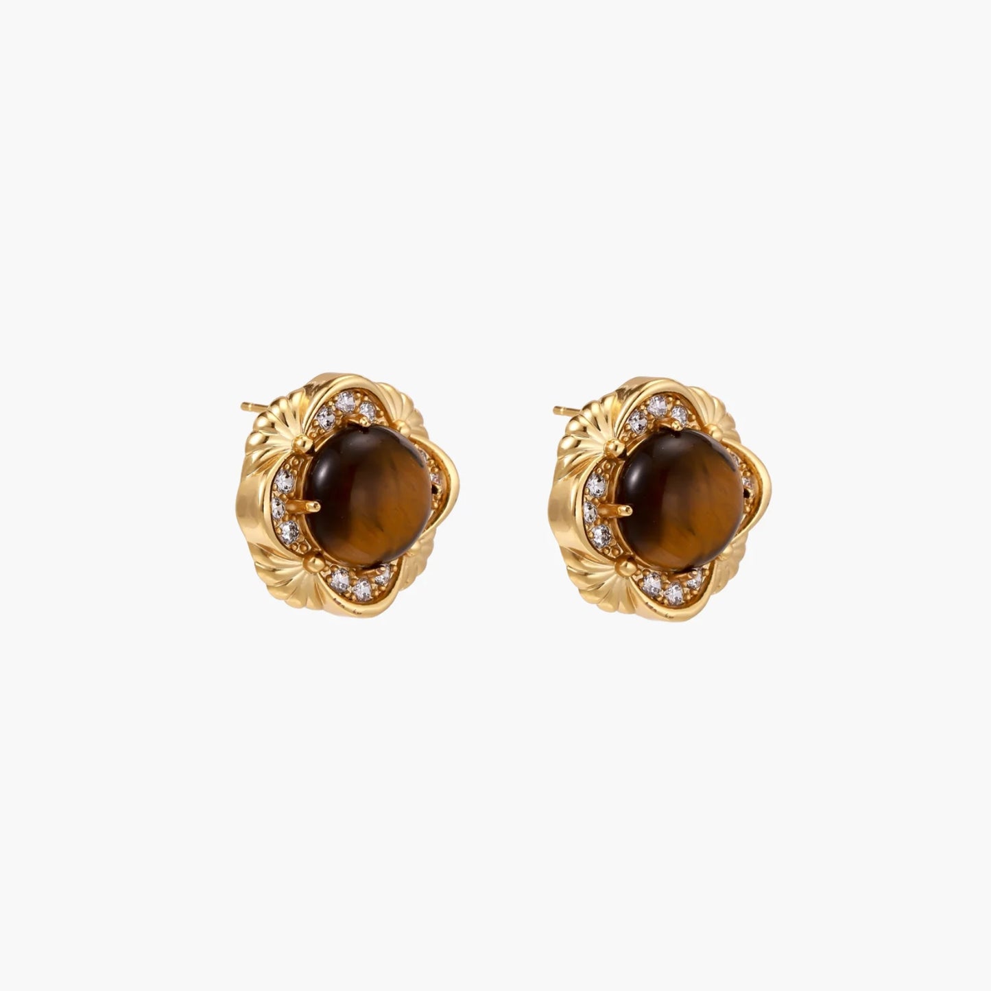 Gold-plated stud earrings with ornate floral frames surrounding cabochon tiger's eye stones and zirconia accents