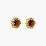 Gold-plated stud earrings with ornate floral frames surrounding cabochon tiger's eye stones and zirconia accents