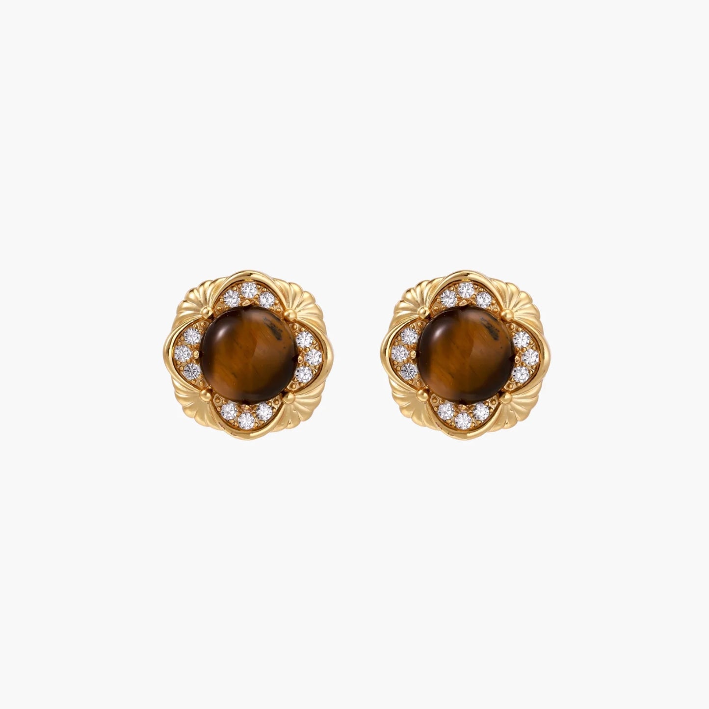 Gold-plated stud earrings with ornate floral frames surrounding cabochon tiger's eye stones and zirconia accents