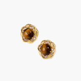 Gold-plated stud earrings with ornate floral frames surrounding cabochon tiger's eye stones and zirconia accents
