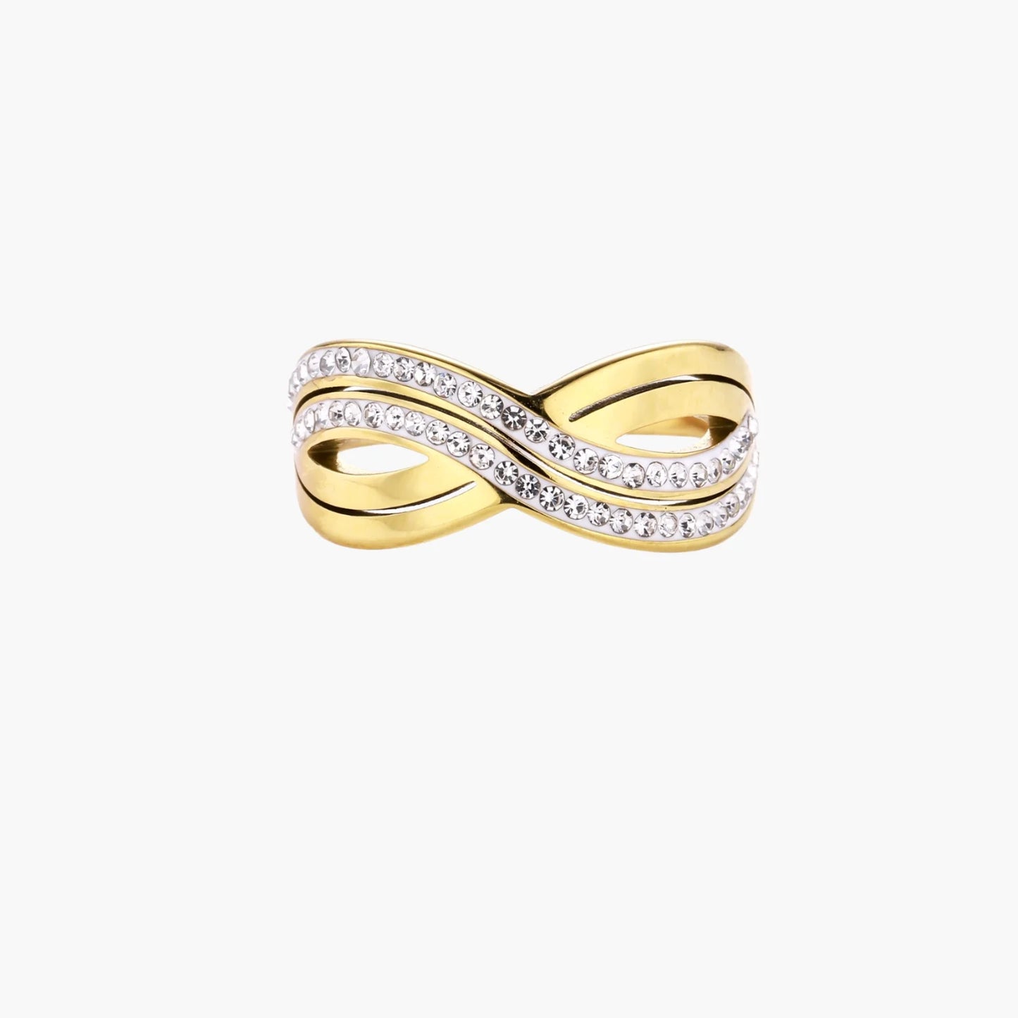 Gold-plated ring with interweaving wave bands and two rows of clear rhinestones creating an infinity pattern