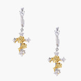 Two-tone cross earrings with gold roses and crystal stars on silver hoops, dangle drop style on white background.