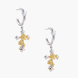 Two-tone cross earrings with gold roses and crystal stars on silver hoops, dangle drop style on white background.