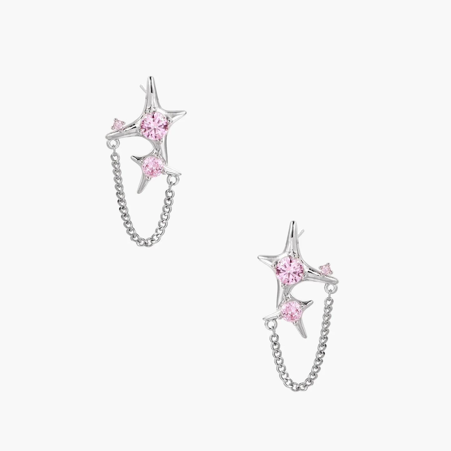 Pair of silver star-shaped ear climbers with pink zirconia stones connected by delicate chains
