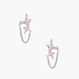 Pair of silver star-shaped ear climbers with pink zirconia stones connected by delicate chains