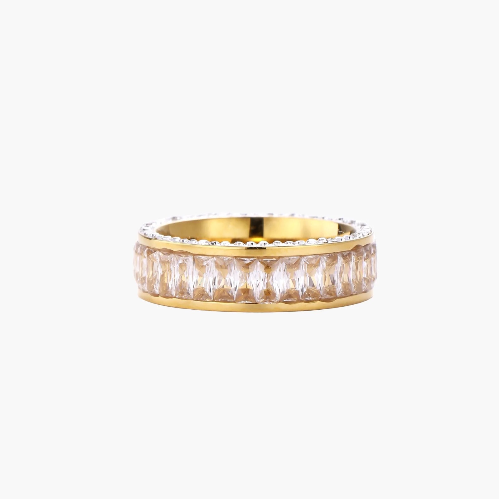 14K gold-plated ring with dual rows of clear baguette and round zirconia stones on cream background.
