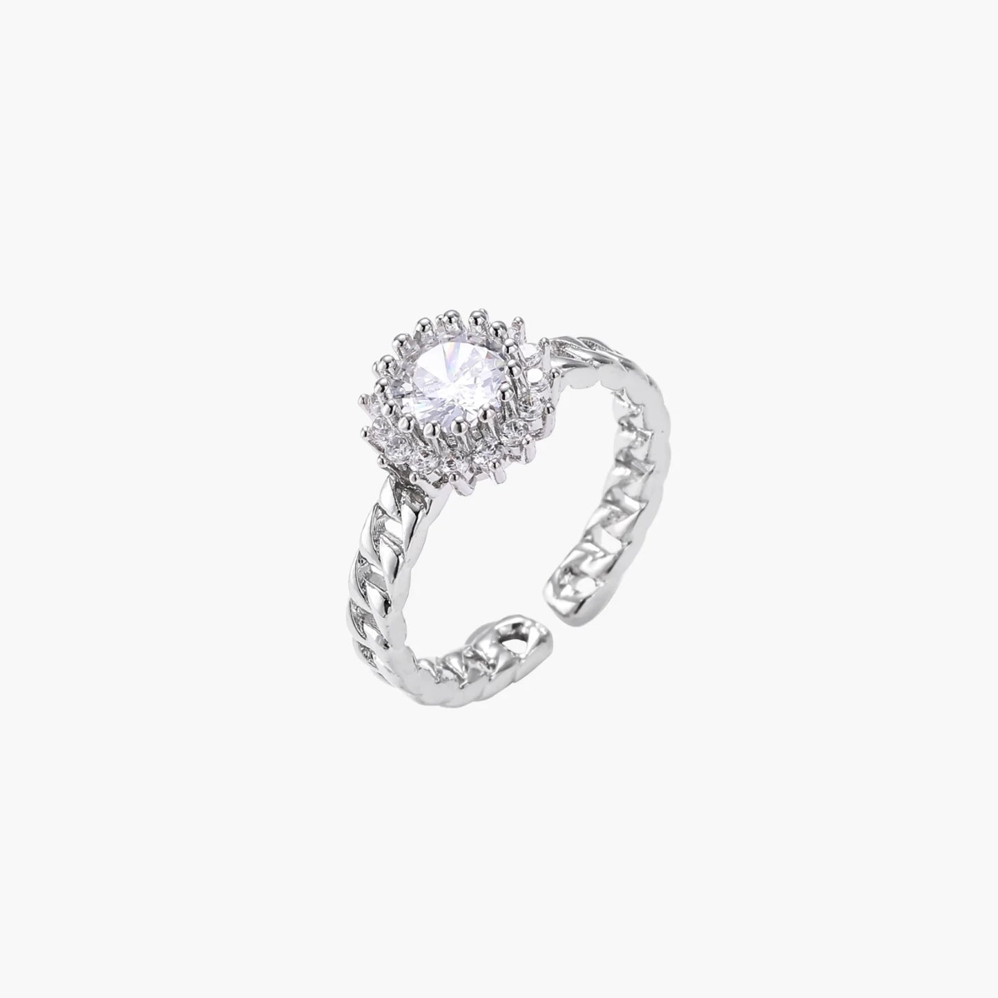 Two adjustable white gold plated rings with chain-link bands, featuring cubic zirconia halo and enamel details