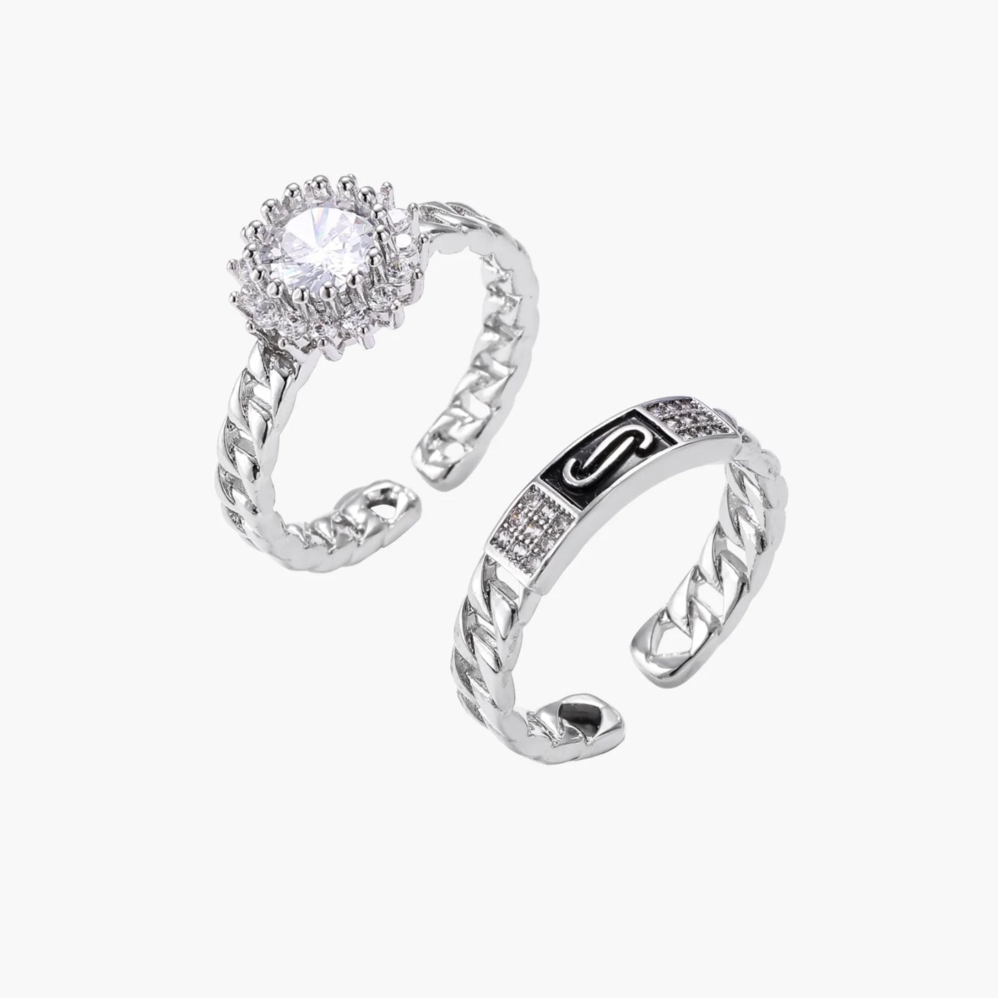 Two adjustable white gold plated rings with chain-link bands, featuring cubic zirconia halo and enamel details