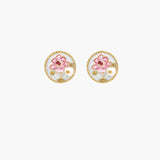 Gold-rimmed circular stud earrings with hand-painted pink peony enamel and pearl accents on white background