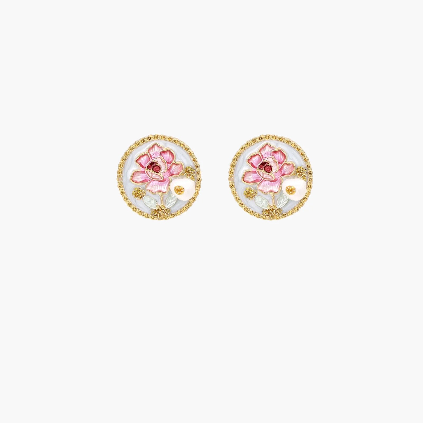 Gold-rimmed circular stud earrings with hand-painted pink peony enamel and pearl accents on white background