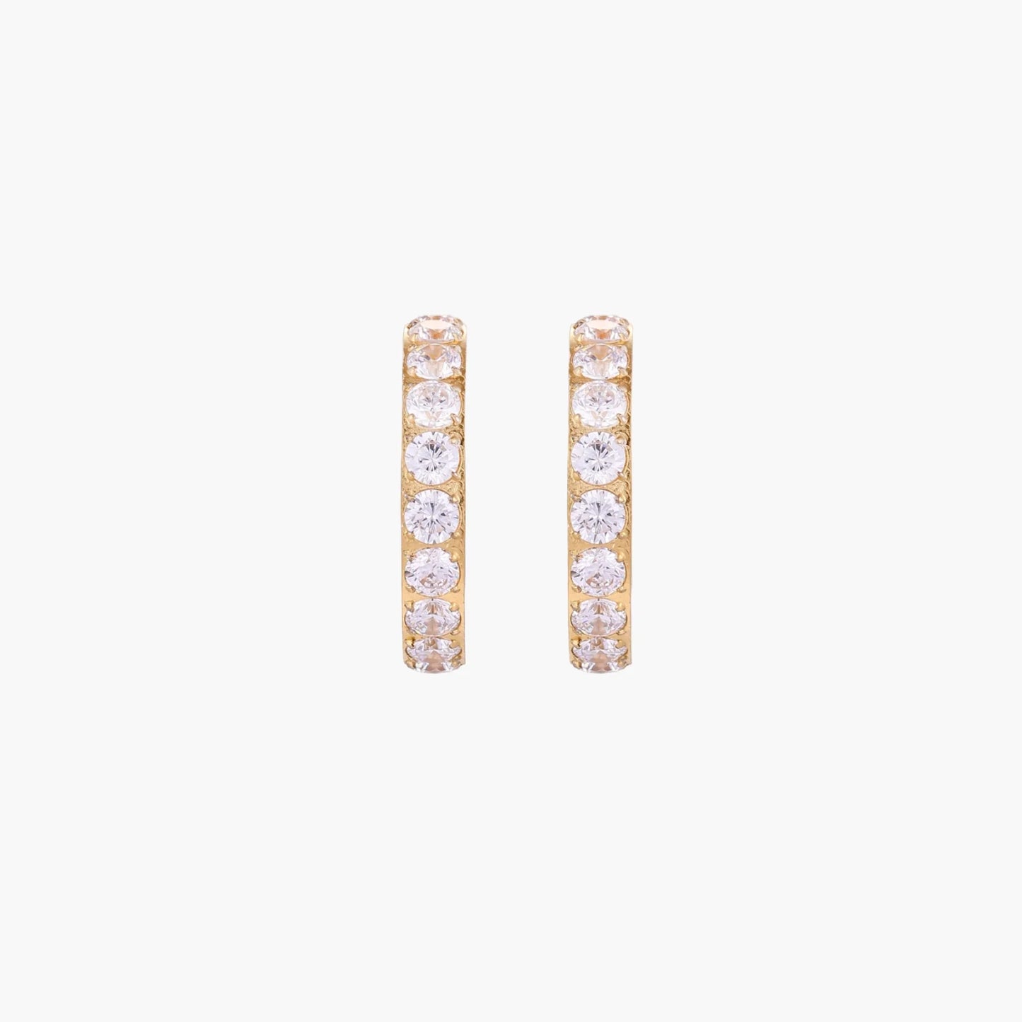 Gold pavé hoop earrings with two freshwater pearls nestled inside the curved design, featuring crystal-studded outer edge.