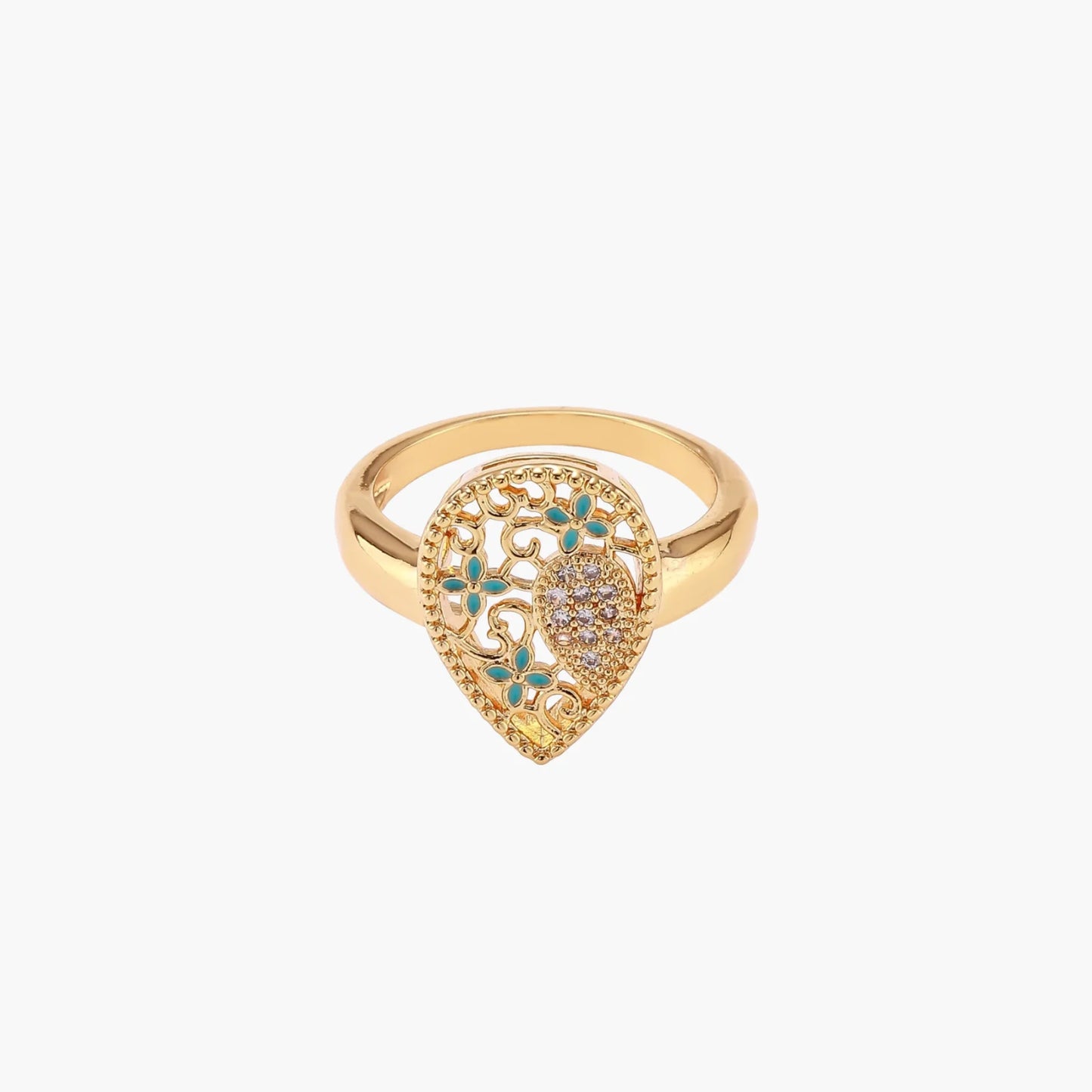 Teardrop-shaped gold-plated ring with turquoise enamel flowers and crystal pavé detail on cream background
