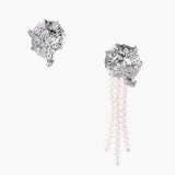 Silver-toned sculptural panther head earrings with zirconia details and white pearl drops on cream background