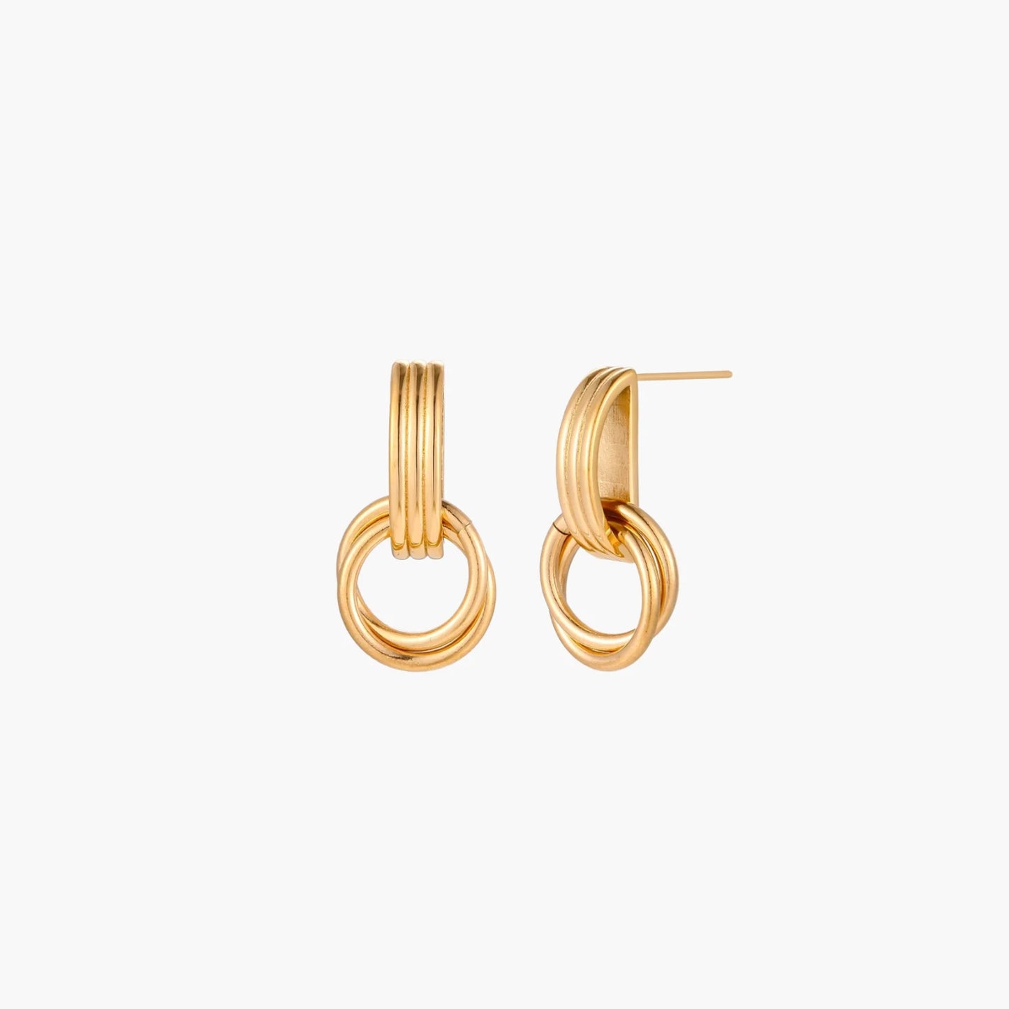 Gold stud earrings with vertical ridged bar connecting to triple interlocking circular rings on white background