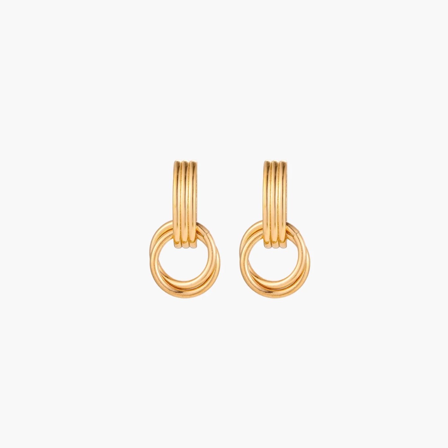 Gold stud earrings with vertical ridged bar connecting to triple interlocking circular rings on white background