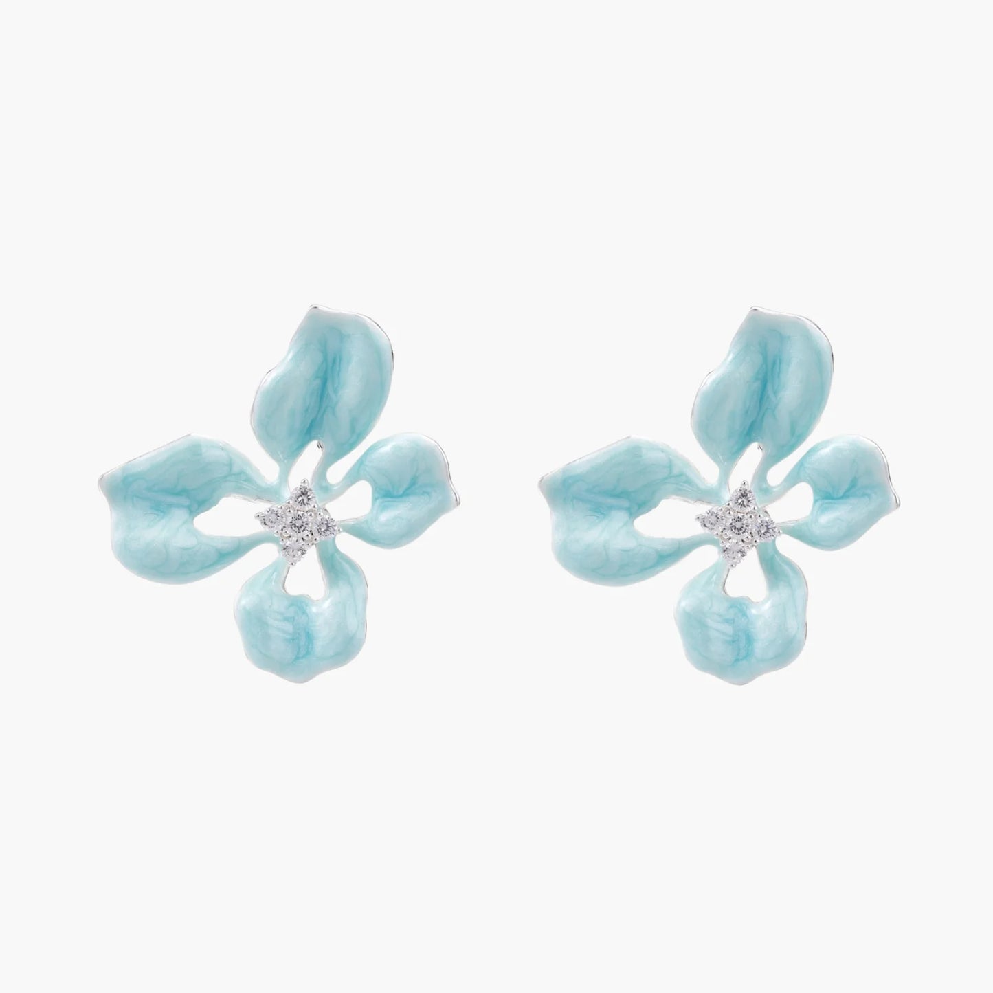 Turquoise enamel flower stud earrings with marbled finish and crystal centers on 18K gold plated brass