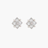 Ornate sterling silver stud earrings with mandala-inspired filigree pattern and four freshwater pearls on beige background