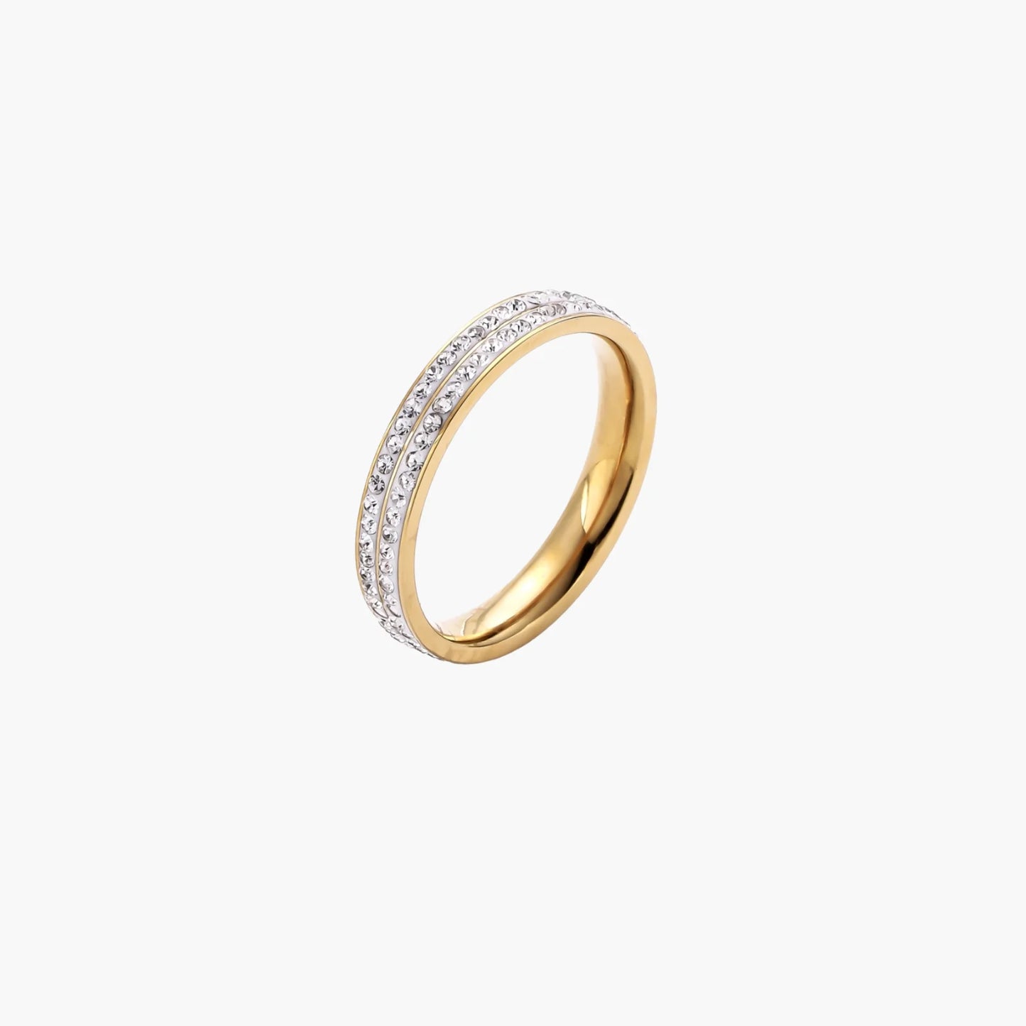 Gold-plated ring with two rows of clear rhinestones on white background