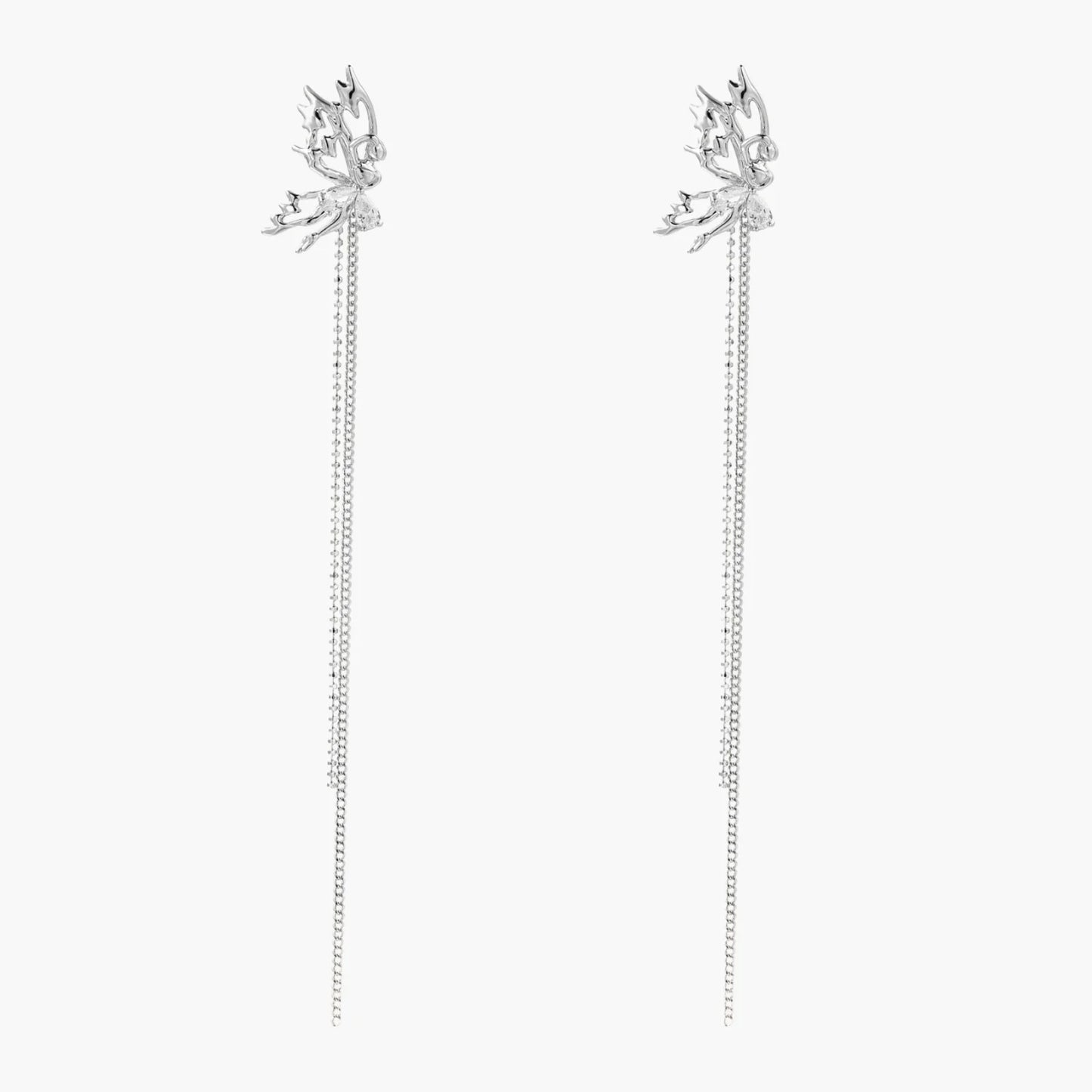 Silver-toned threader earrings featuring detailed fairy figure with wings and dual delicate chain strands, zirconia accents