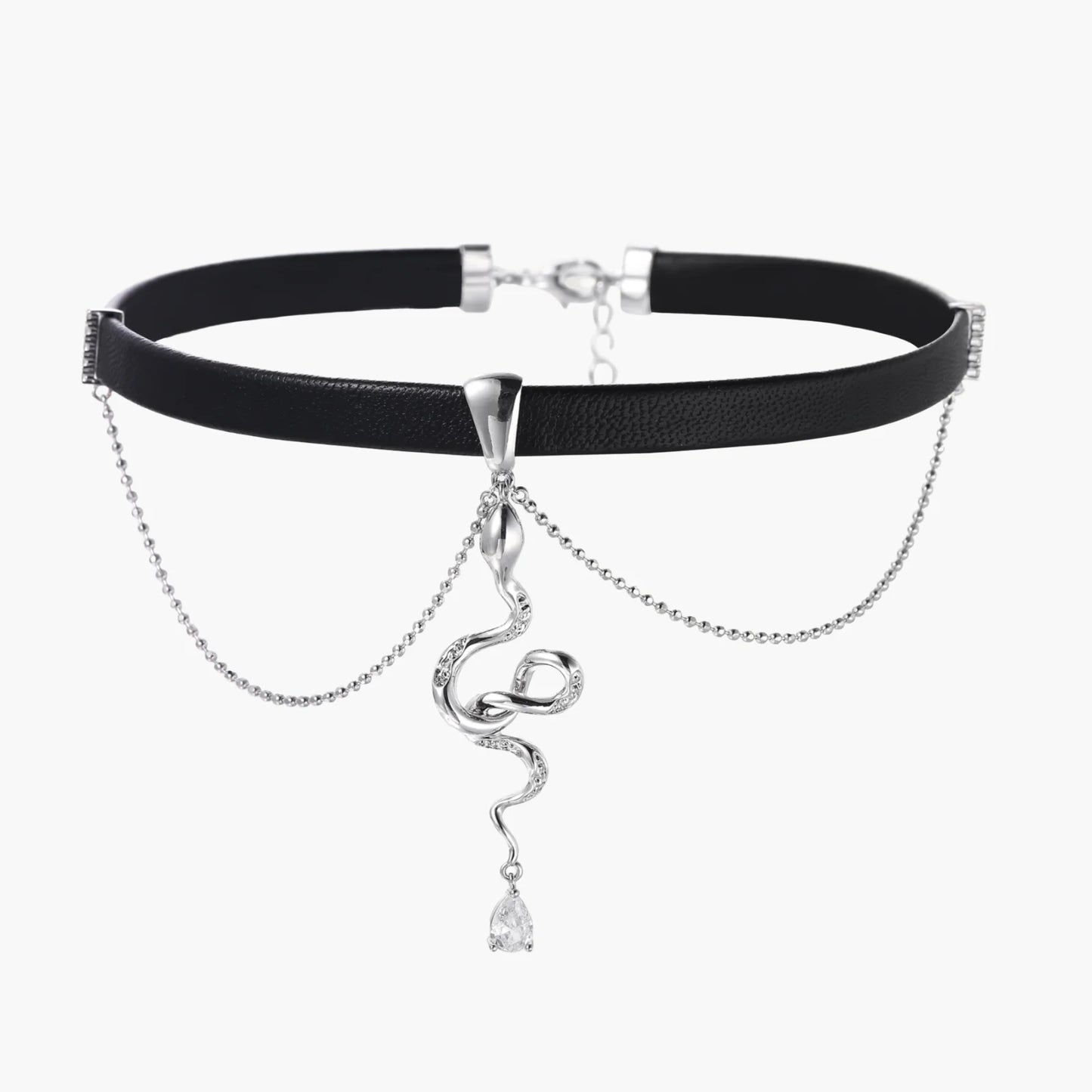 Black leather choker with white gold-plated serpent pendant adorned with zirconia crystals and teardrop charm