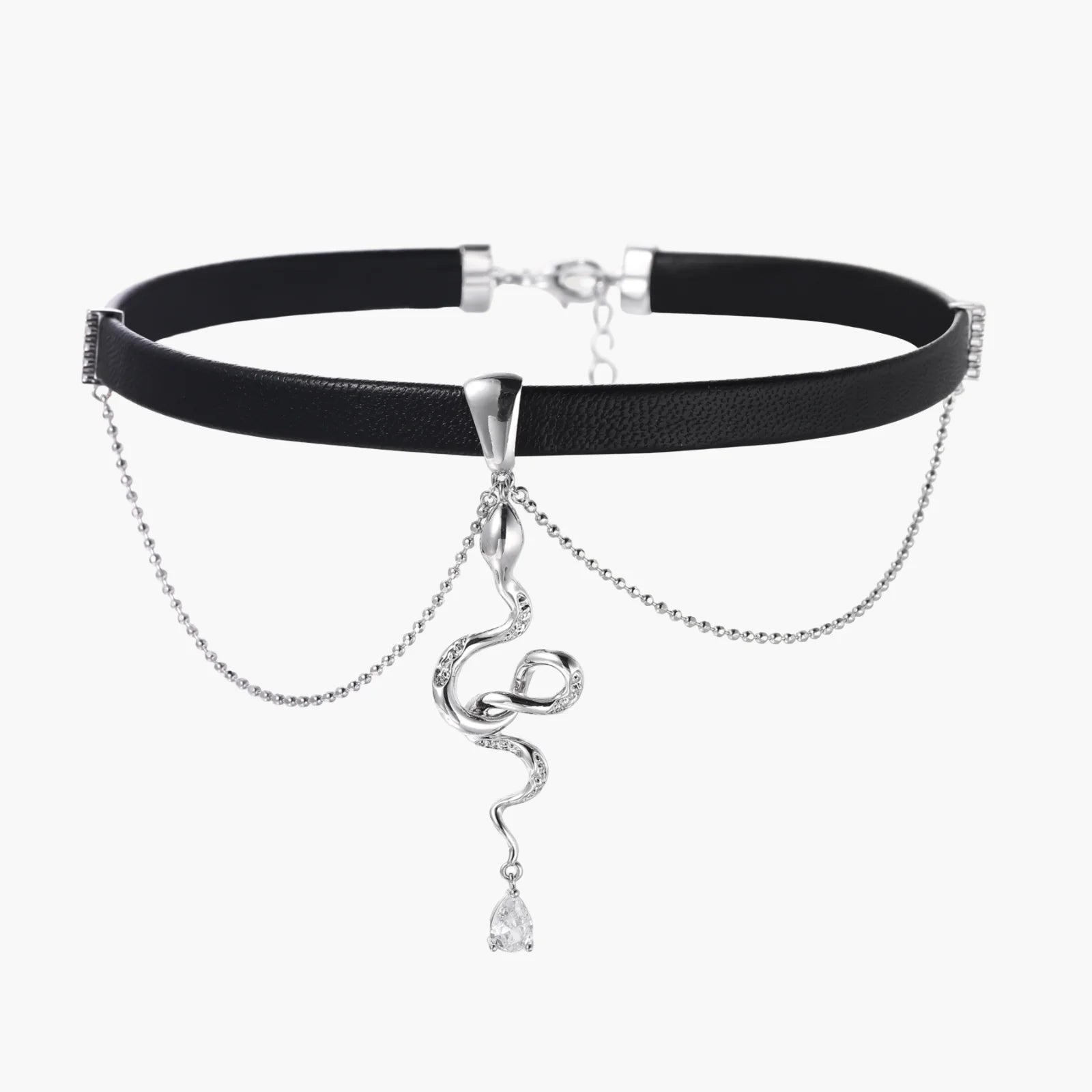 Black leather choker with white gold-plated serpent pendant adorned with zirconia crystals and teardrop charm