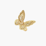 Intricate gold-plated butterfly ring with filigree cutout wings and adjustable band on white background.