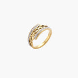 Gold-plated stainless steel ring with geometric chain link design flanked by two rows of clear rhinestones