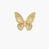 Intricate gold-plated butterfly ring with filigree cutout wings and adjustable band on white background.