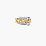 Triple-band gold ring with spherical bead chains and two crystal-pavé bars on cream background