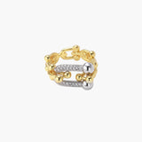 Triple-band gold ring with spherical bead chains and two crystal-pavé bars on cream background