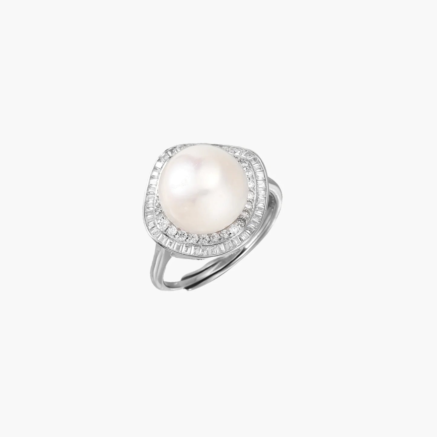 Rhodium-plated silver ring with round pearl center, double halo of baguette and round crystals forming cushion shape