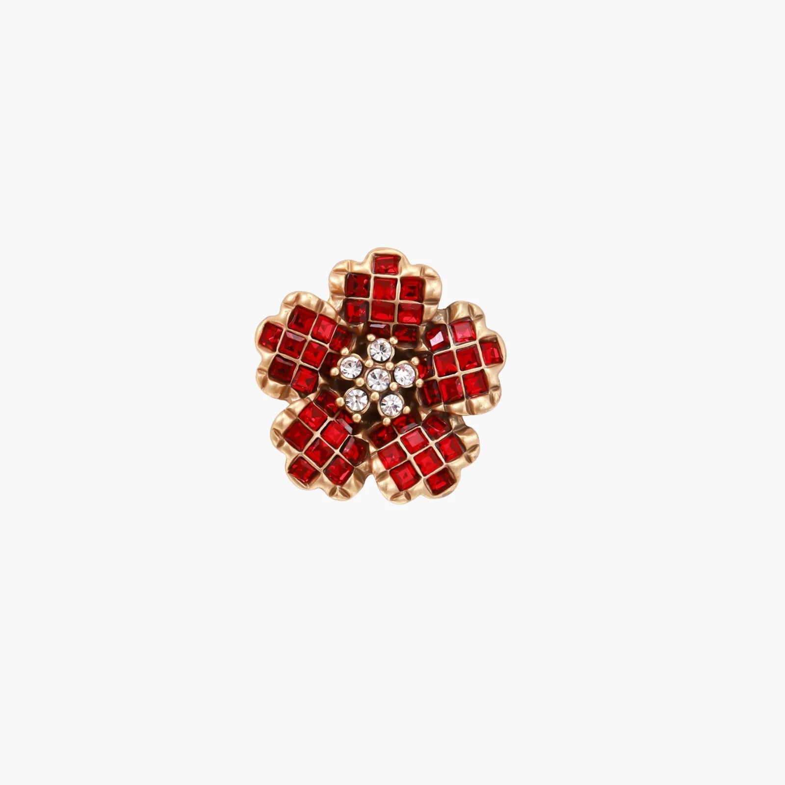 Gold-plated brass ring with red zirconia petals & crystal center in dimensional floral design