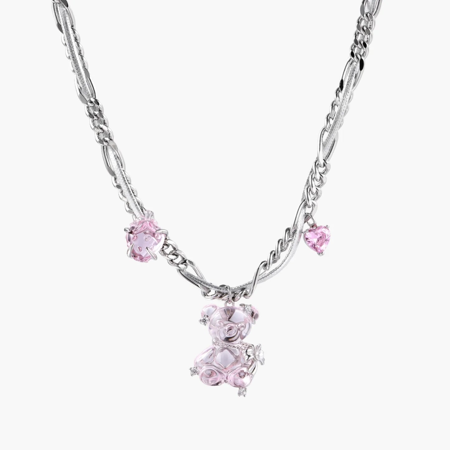 Silver twisted chain necklace with fairy tale carriage pendant adorned with pink cubic zirconia gemstones