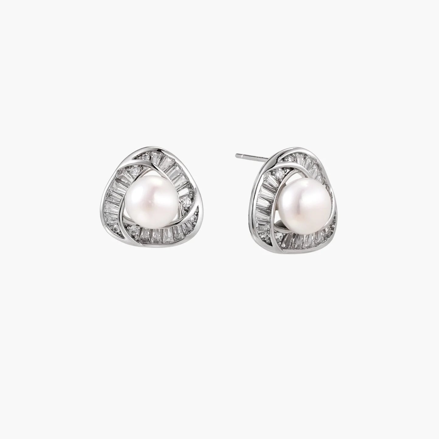 Triangular white gold plated stud earrings with central freshwater pearl and baguette-cut stones on white background