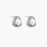 Triangular white gold plated stud earrings with central freshwater pearl and baguette-cut stones on white background
