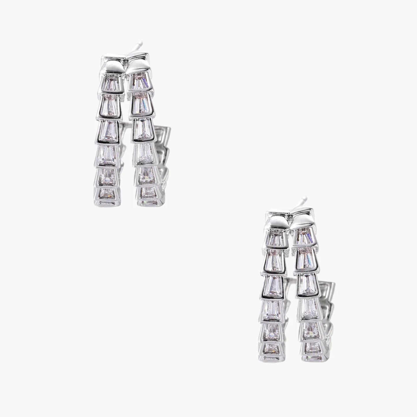 White gold-plated hoop earrings with double row of baguette-cut zirconia stones in geometric ladder design