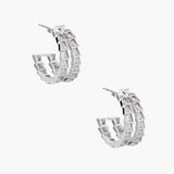 White gold-plated hoop earrings with double row of baguette-cut zirconia stones in geometric ladder design