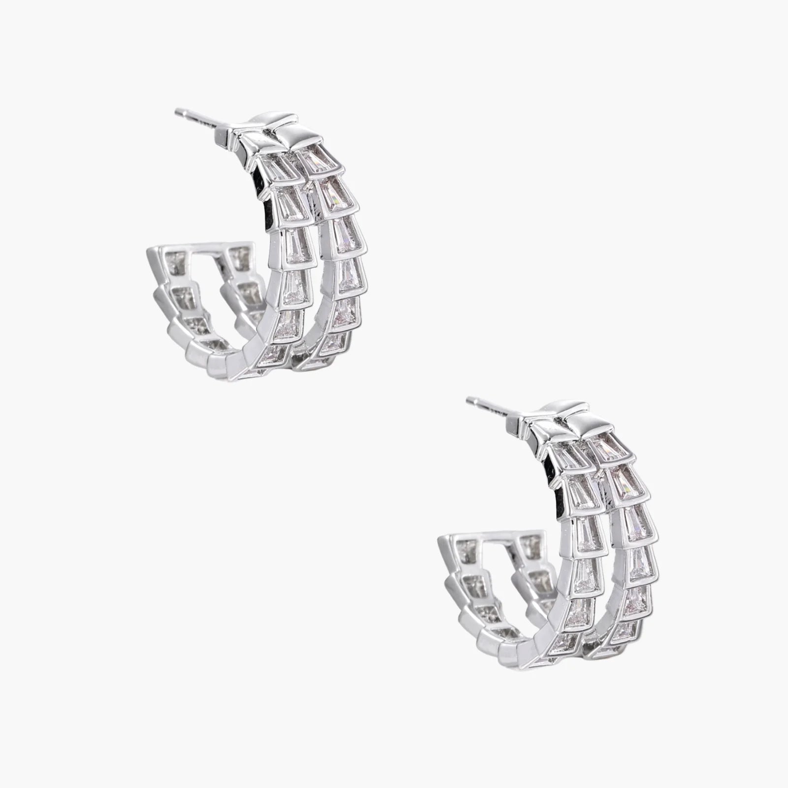 White gold-plated hoop earrings with double row of baguette-cut zirconia stones in geometric ladder design