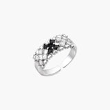 White gold plated adjustable ring with three rows of square zirconia stones in black or pink chevron pattern