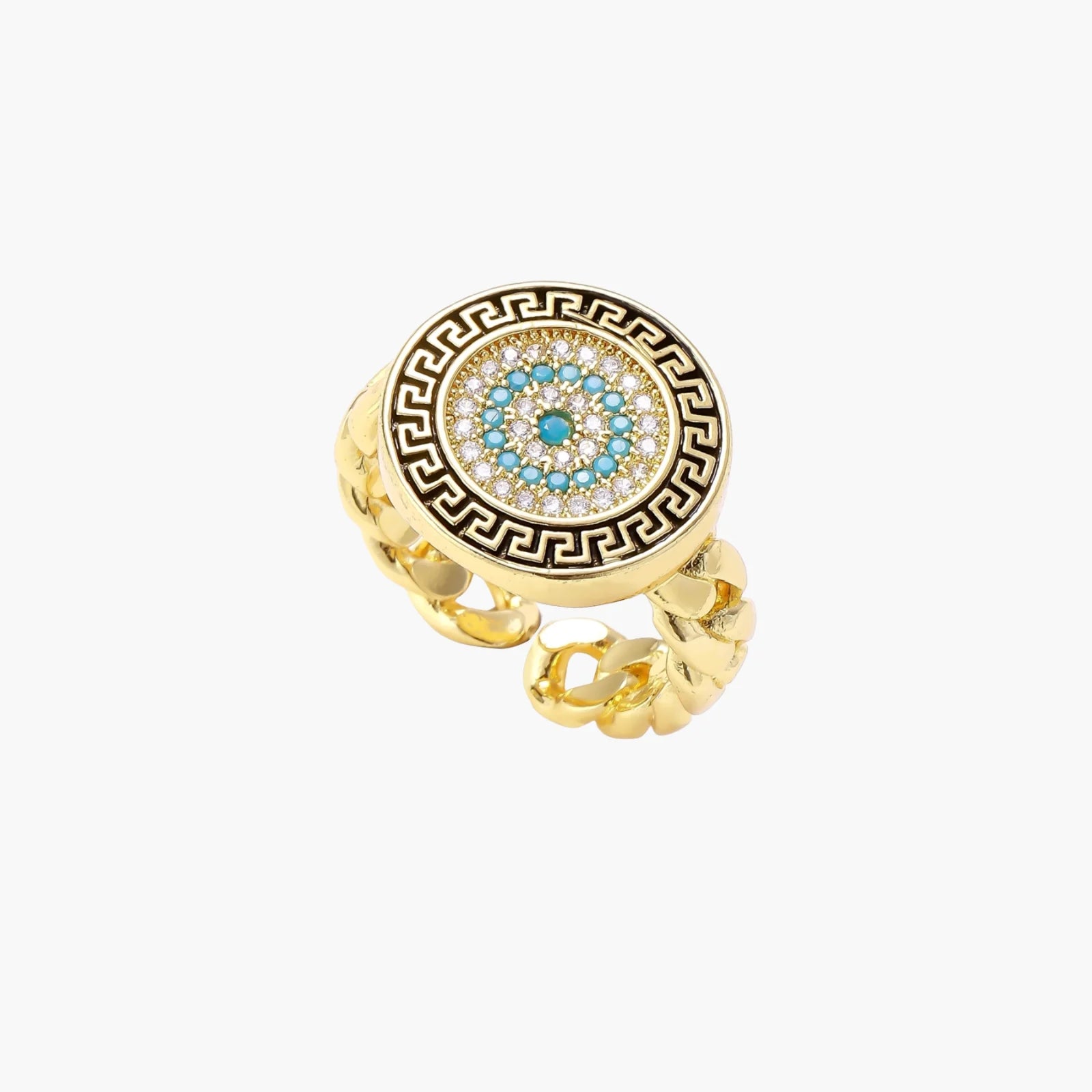 Gold chain ring with Greek key border and turquoise evil eye center on white background