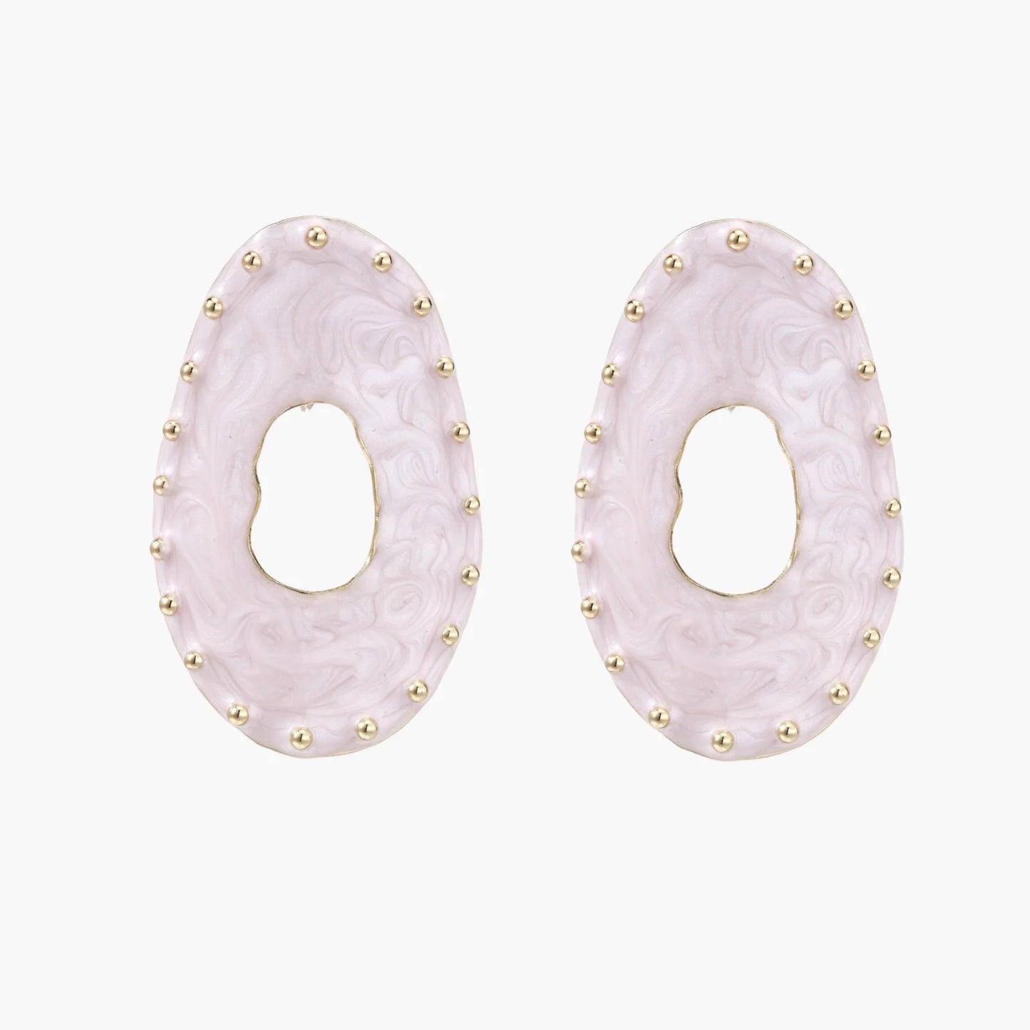 Oval lavender enamel earrings with marbled finish and gold-plated beaded border on cream background.