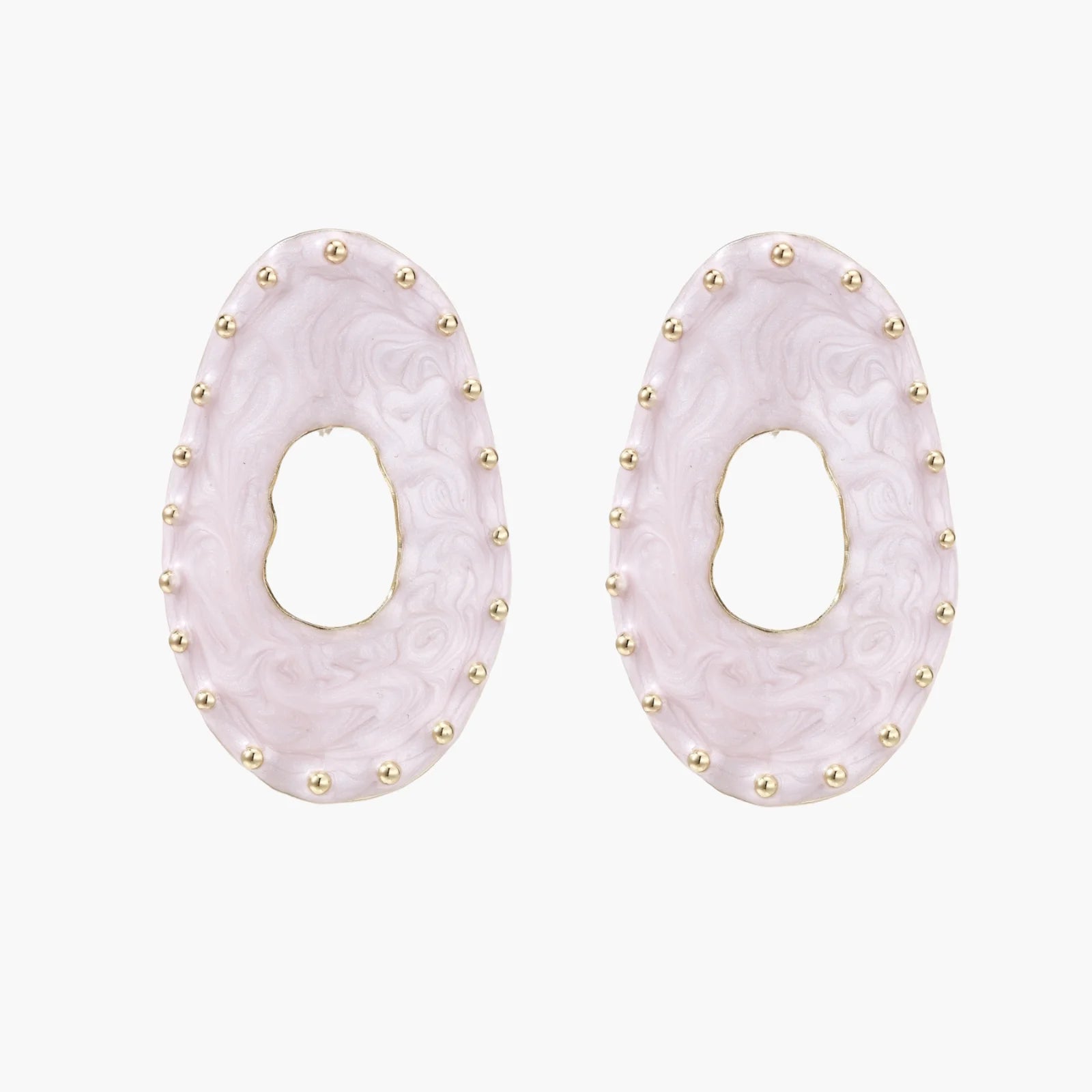 Oval lavender enamel earrings with marbled finish and gold-plated beaded border on cream background.