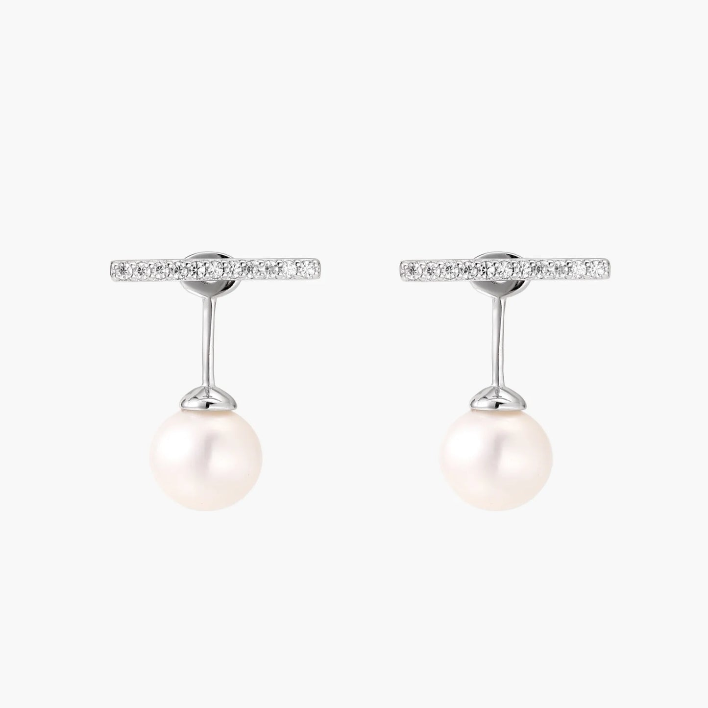 Rhodium-plated sterling silver ear jacket earrings with diamond-set horizontal bar and freshwater pearl drop