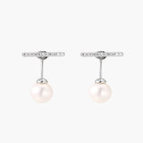 Rhodium-plated sterling silver ear jacket earrings with diamond-set horizontal bar and freshwater pearl drop