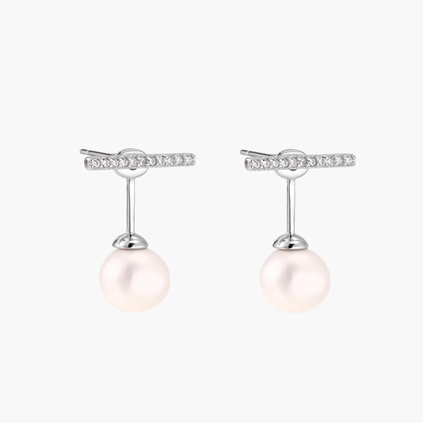 Rhodium-plated sterling silver ear jacket earrings with diamond-set horizontal bar and freshwater pearl drop