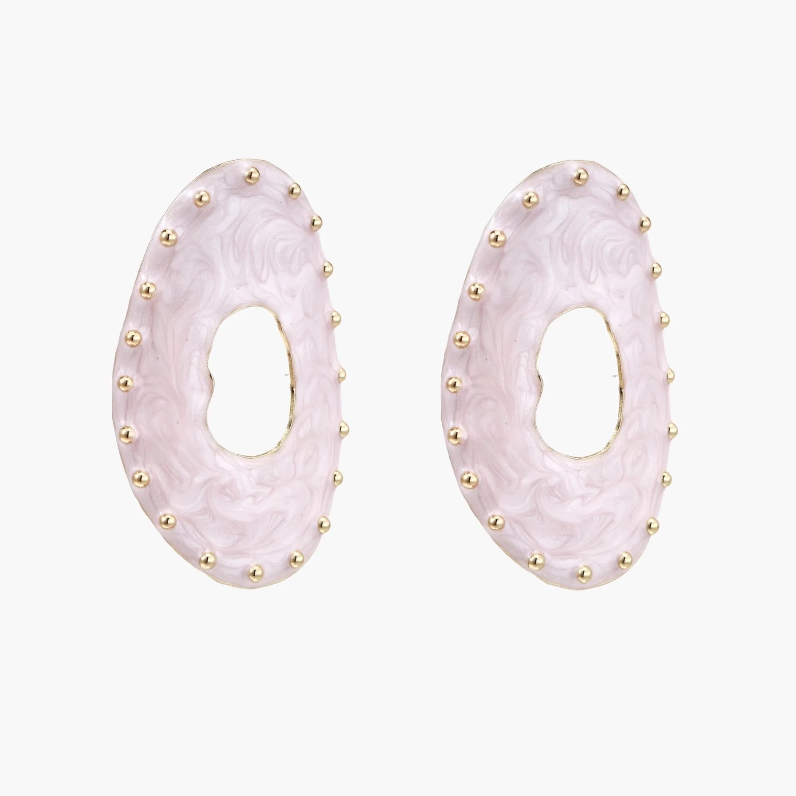Oval lavender enamel earrings with marbled finish and gold-plated beaded border on cream background.