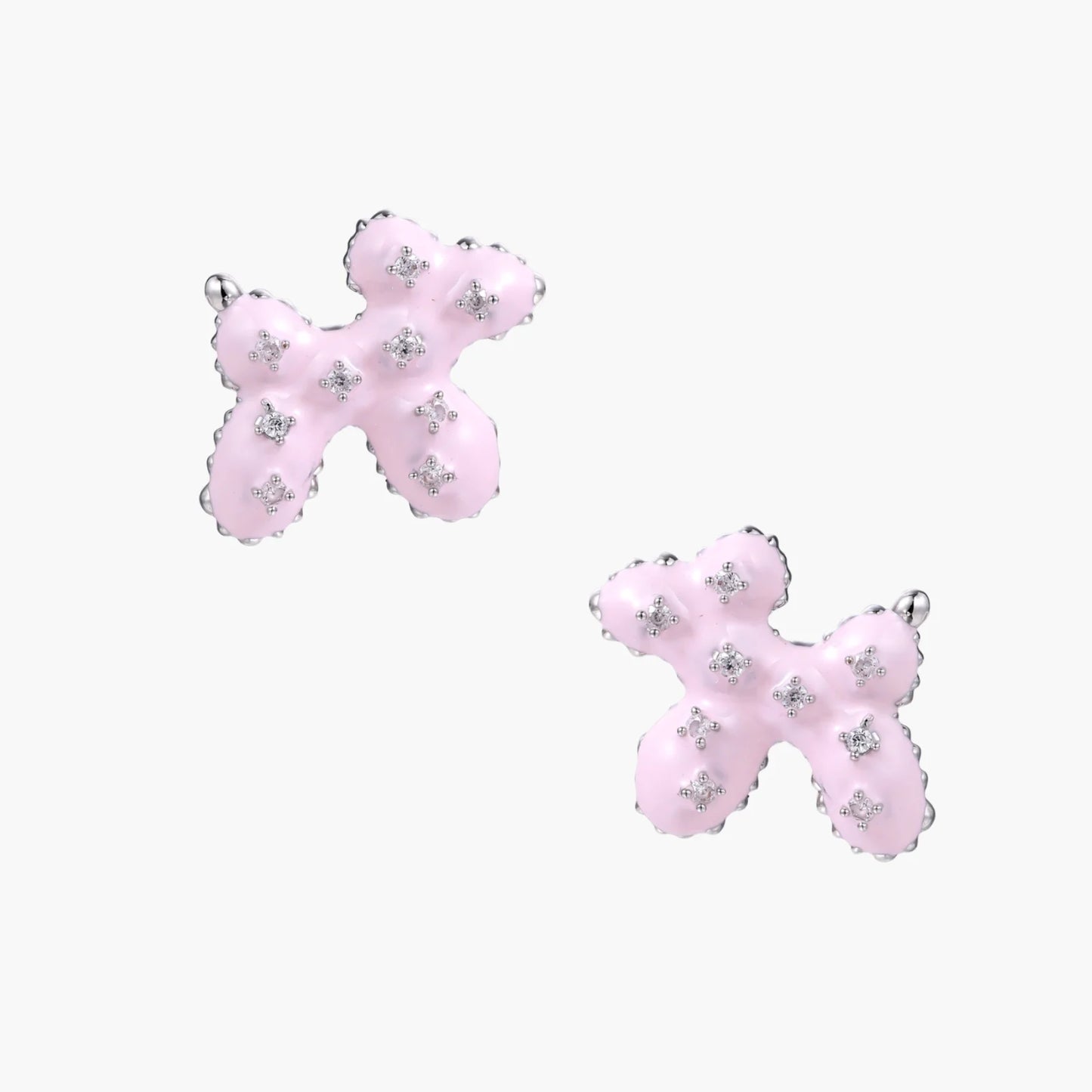 Glossy pink enamel balloon dog stud earrings with crystal details on white gold plated brass, museum-inspired design