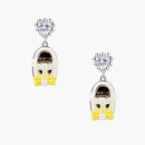 Drop earrings featuring miniature translucent handbag charms with heart crystal studs, silver bow accents, and pearls