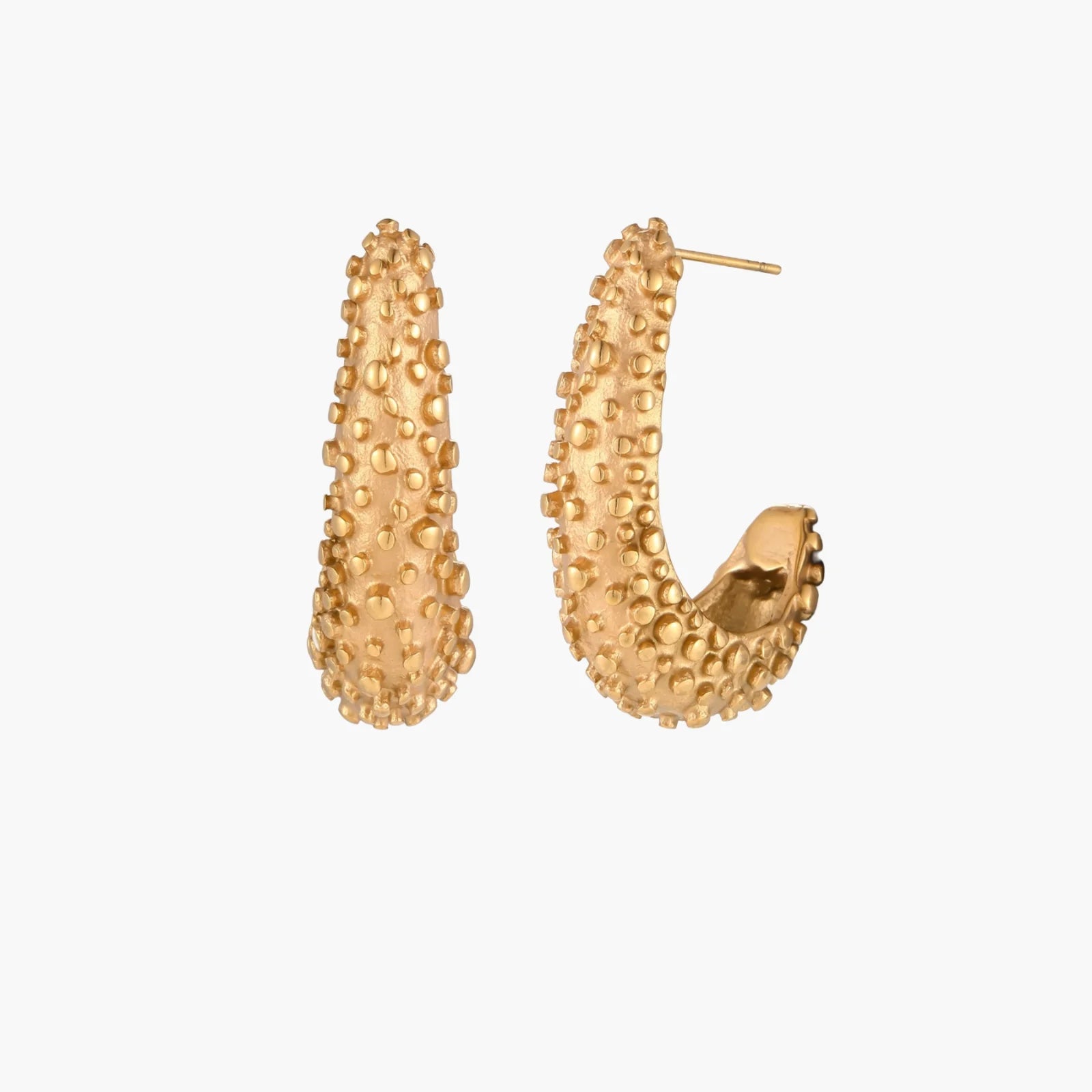 Curved gold hoop earrings with raised granulated texture resembling sea urchin surface on cream background
